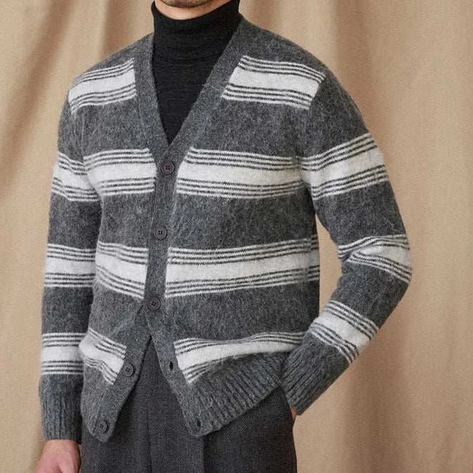 Antonios striped wool v-neck cardigan for men, cozy winter essential.