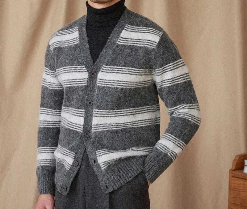 Antonios striped wool v-neck cardigan for men, cozy winter essential.