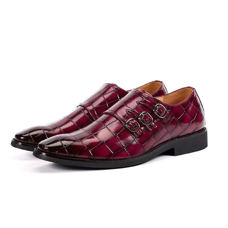 Oxford triple strip-on shoes with perforated design and cushioned insole for men in purple.