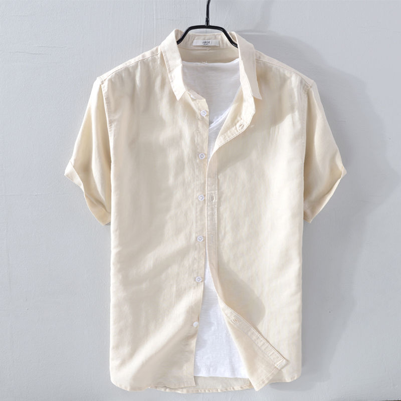 Antonios Short-sleeve Linen Shirt in beige, showcasing casual elegance and comfort.