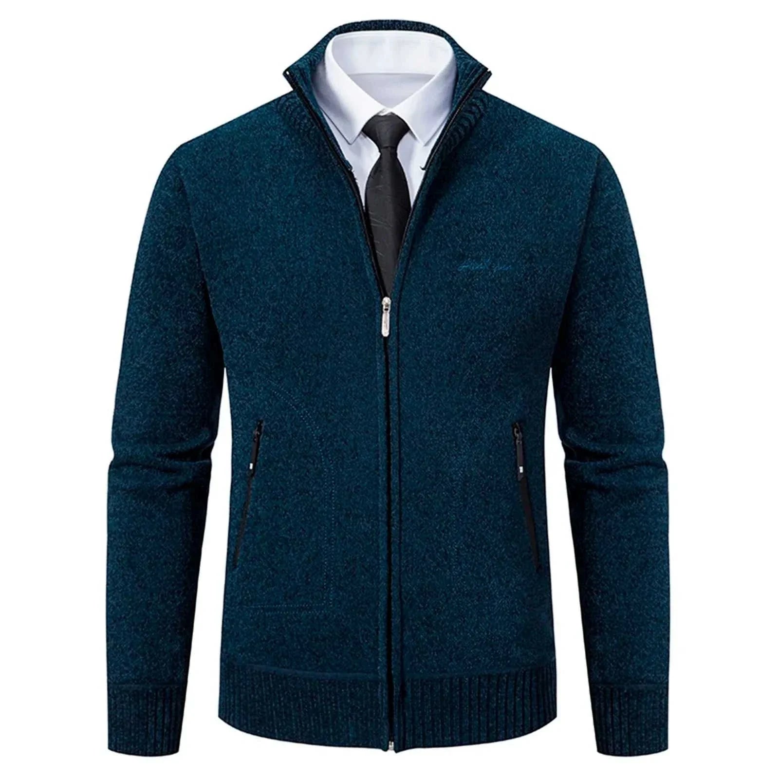 Stand collar sweater with zipper for men, made of soft polyester, perfect for winter wear.