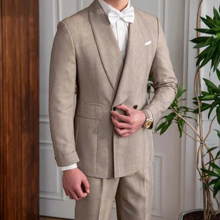 British wedding 2 pieces suit in beige, featuring pants and a jacket with a sleek polyester finish.