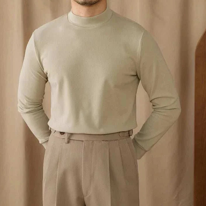 Soft half turtleneck sweater for men in beige color, polyester fabric.