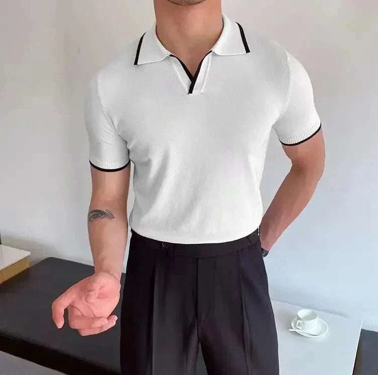 Polo collar relaxed fit t-shirt in solid white for men, casual spring/summer style.