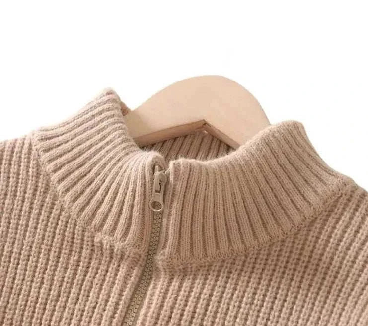 Autumn stand collar zipper jacket in beige, ribbed texture.