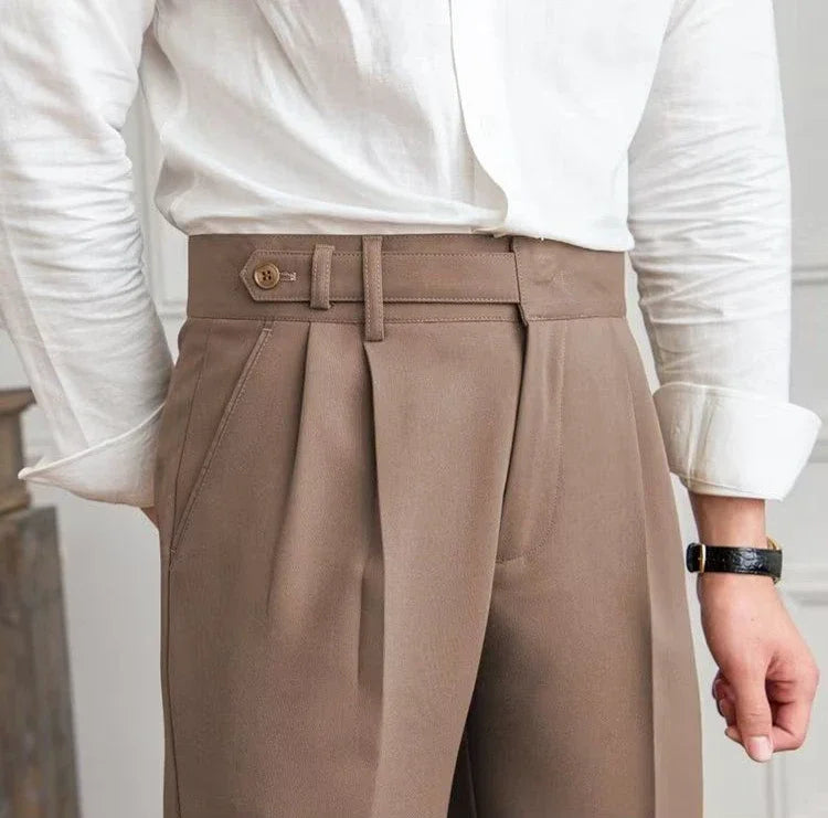 Antonios draped suit pants showcasing Korean-inspired elegance and smart casual style.