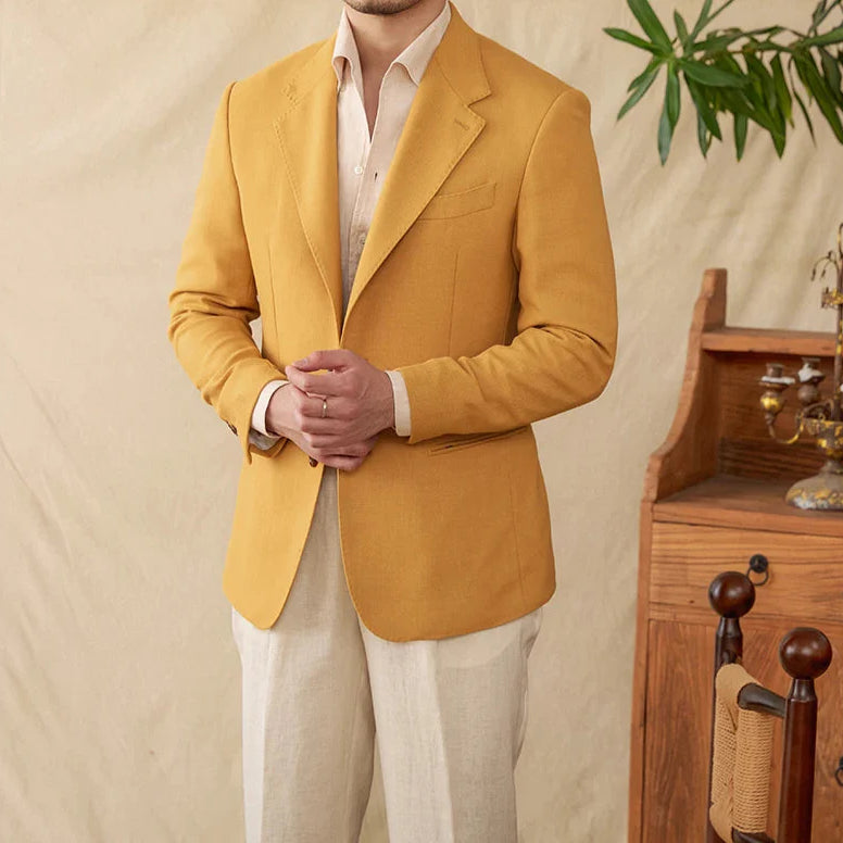 Business linen relaxation jacket for men in mustard color, stylish and warm.