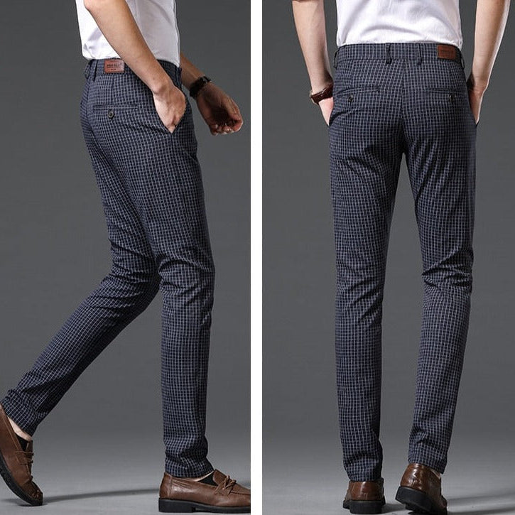 Vinny Plaid Trousers in dark checkered pattern, full-length casual design.