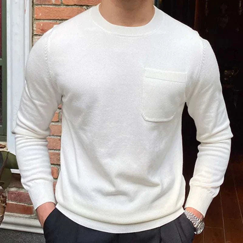 Men's white premium office sweater with pocket.