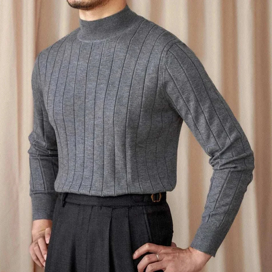 Men's autumn turtleneck premium sweater in gray wool-acrylic blend.