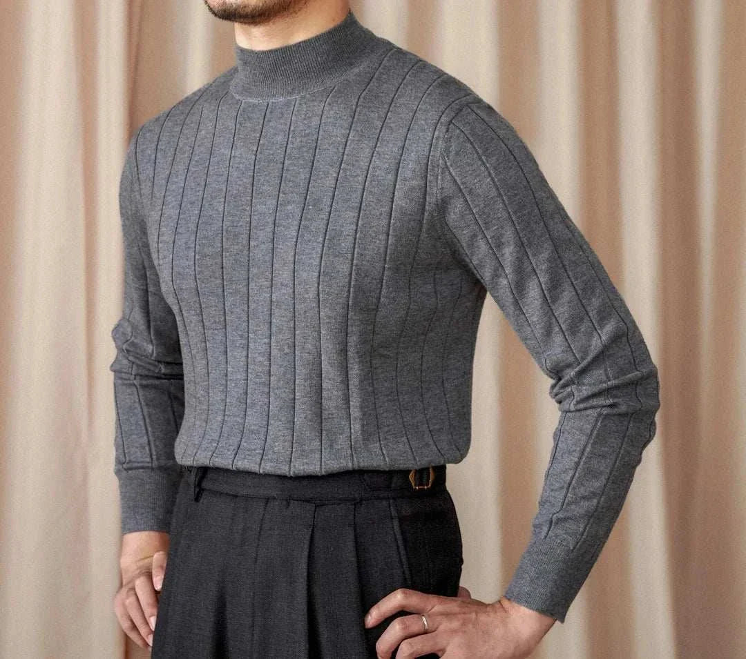 Men's autumn turtleneck premium sweater in gray wool-acrylic blend.