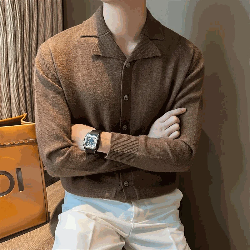 Business casual knitted cardigan for men in brown, 100% acrylic, perfect for cool weather.