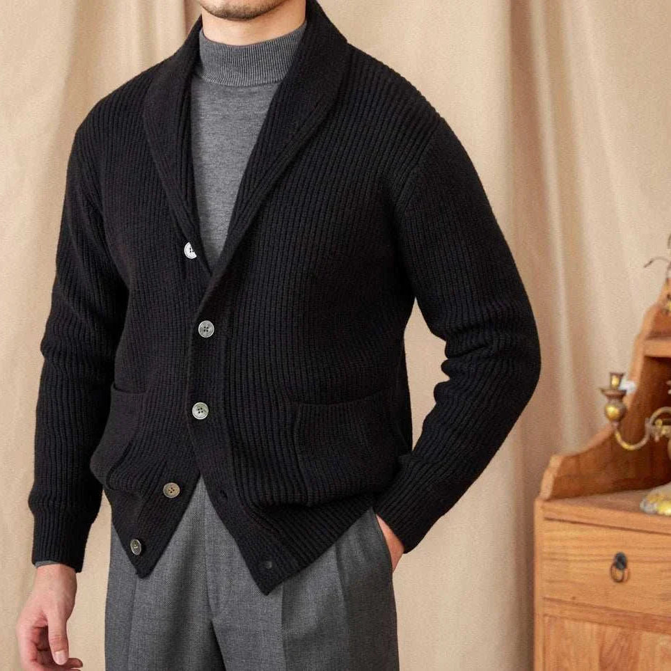 Men's autumn old money cardigan in black wool with buttons.