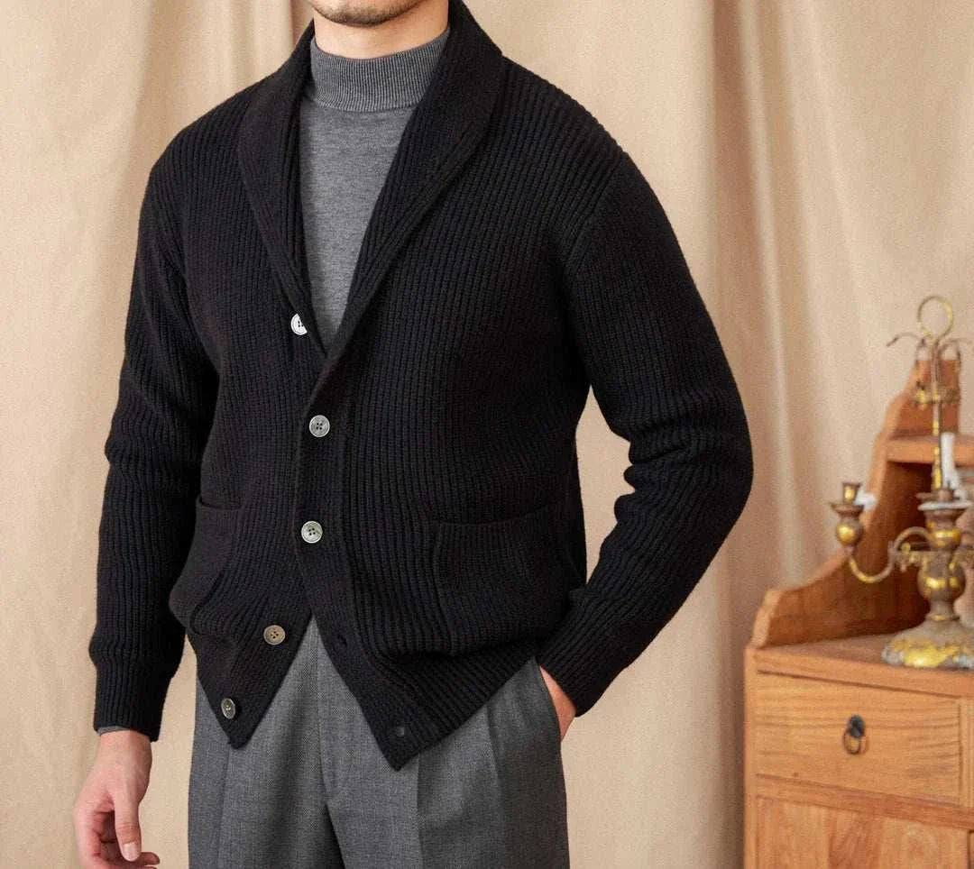Men's autumn old money cardigan in black wool with buttons.