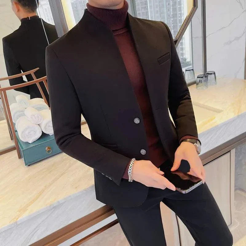 Formal blazer with round collar for modern men, polyester-spandex blend, perfect for events.