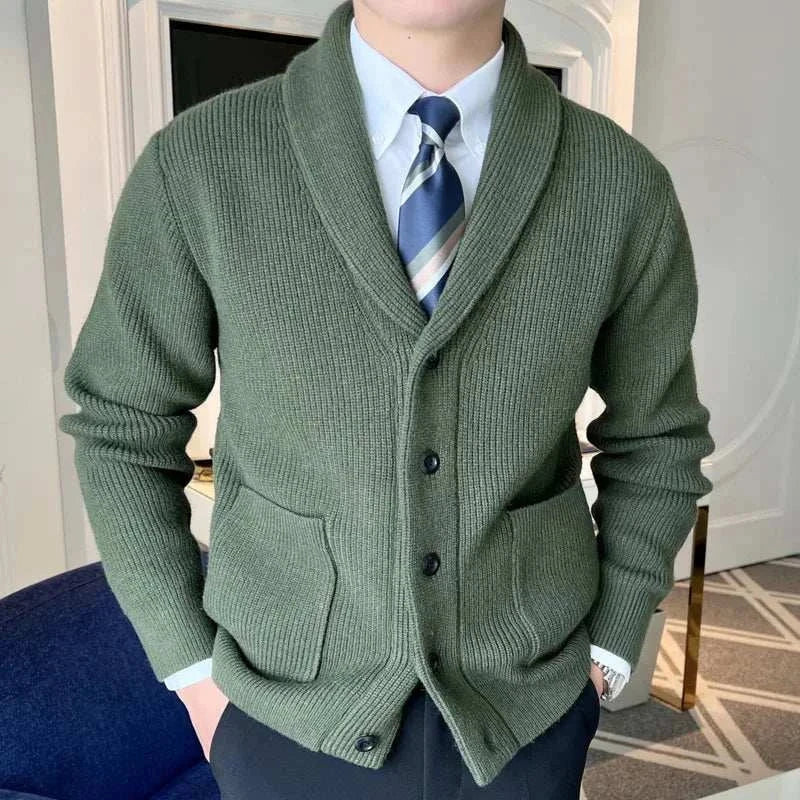 Men's fall season casual cardigan in green, acrylic, stylish and warm.
