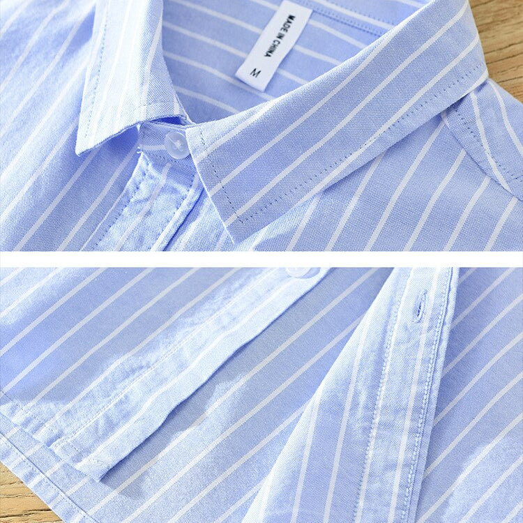 Blue and white striped short sleeve summer shirt with button-down collar and chest pocket, Antonios brand.