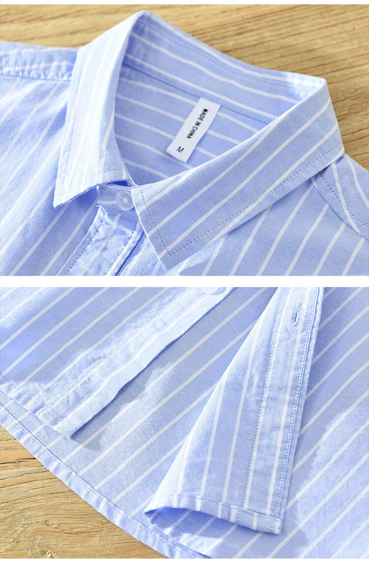 Blue and white striped short sleeve summer shirt with button-down collar and chest pocket, Antonios brand.