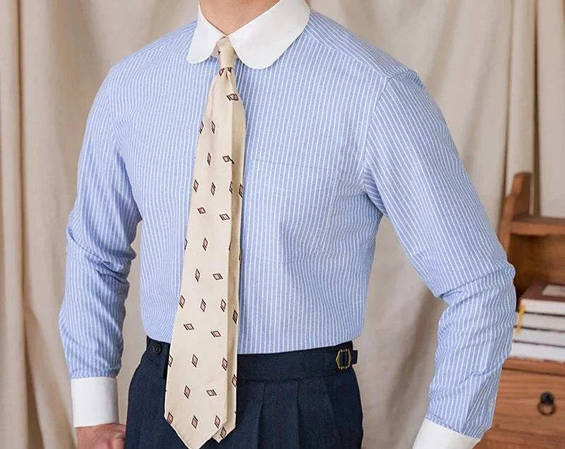 Men's blue striped cotton business shirt with a tie, Antonios.