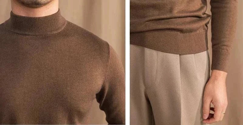 Antonios slim fit half-turtleneck sweater in brown color, showcasing sleek fit and modern design.