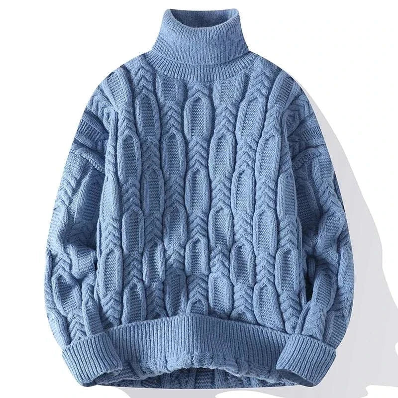 Juku winter sweater in blue with cable knit pattern for men, casual/elegant style.