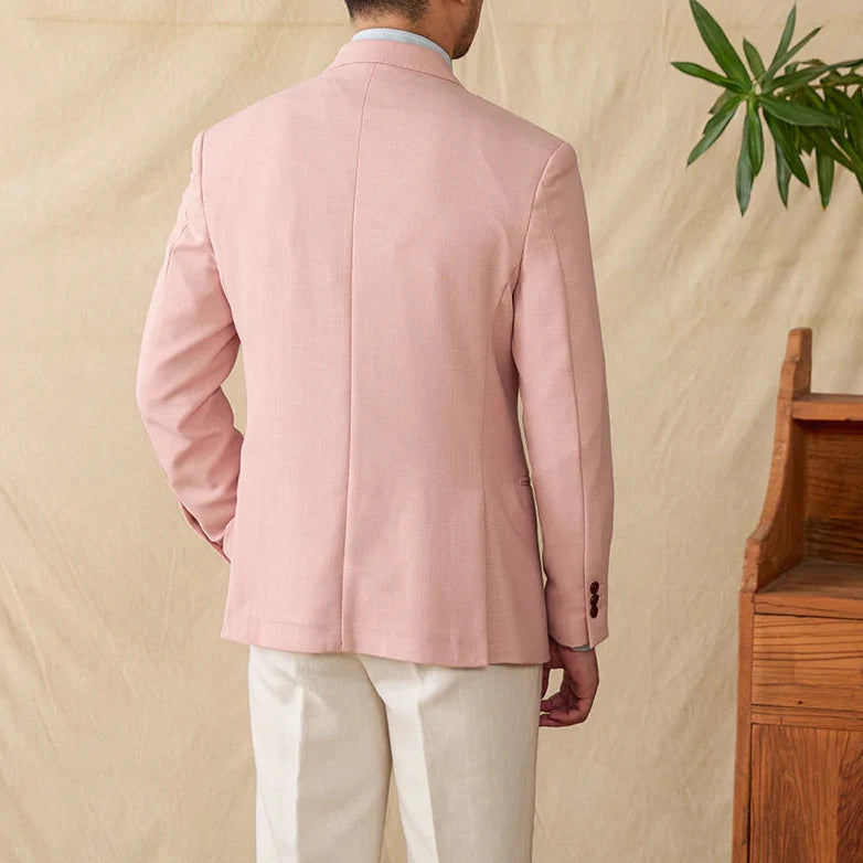 Men's business linen relaxation jacket in pink, back view, cozy polyester for winter.