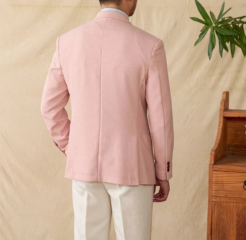 Men's business linen relaxation jacket in pink, back view, cozy polyester for winter.