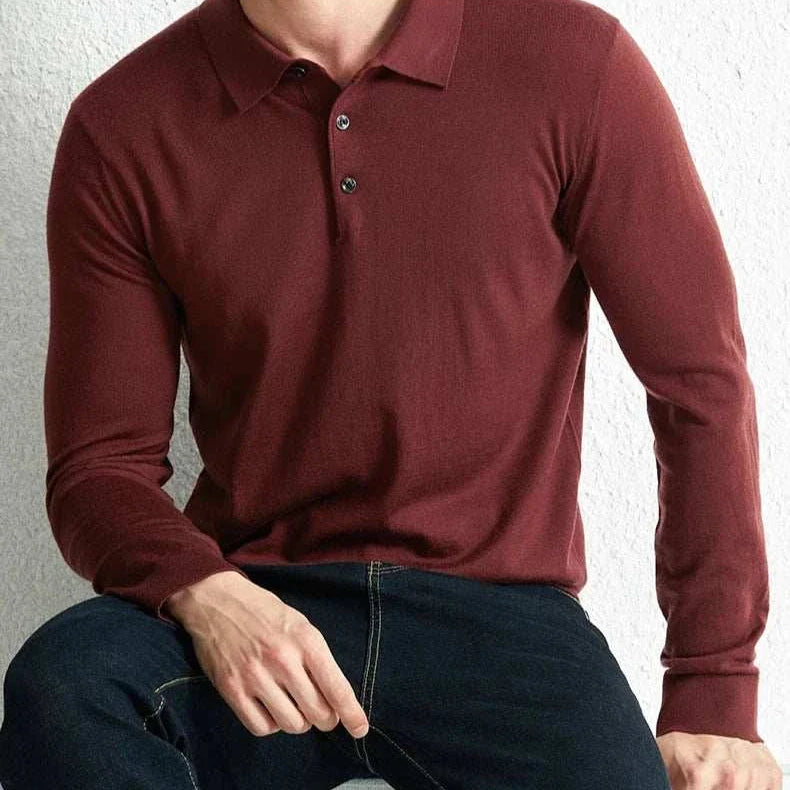 Slim fit wool autumn sweater for men in maroon color, perfect for chilly weather.