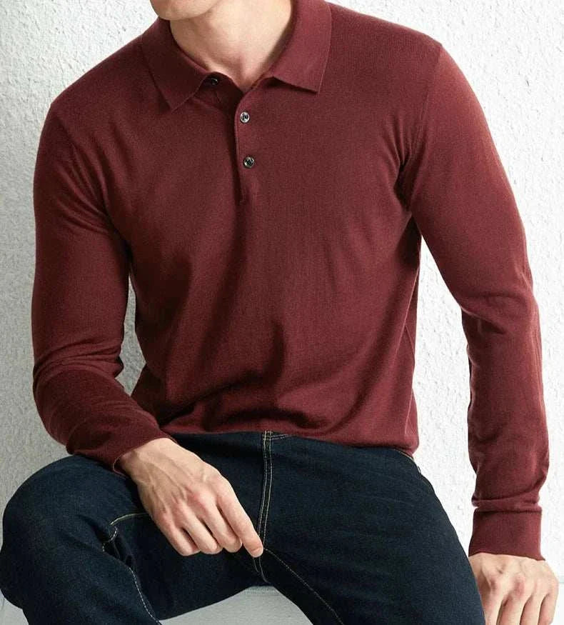 Slim fit wool autumn sweater for men in maroon color, perfect for chilly weather.