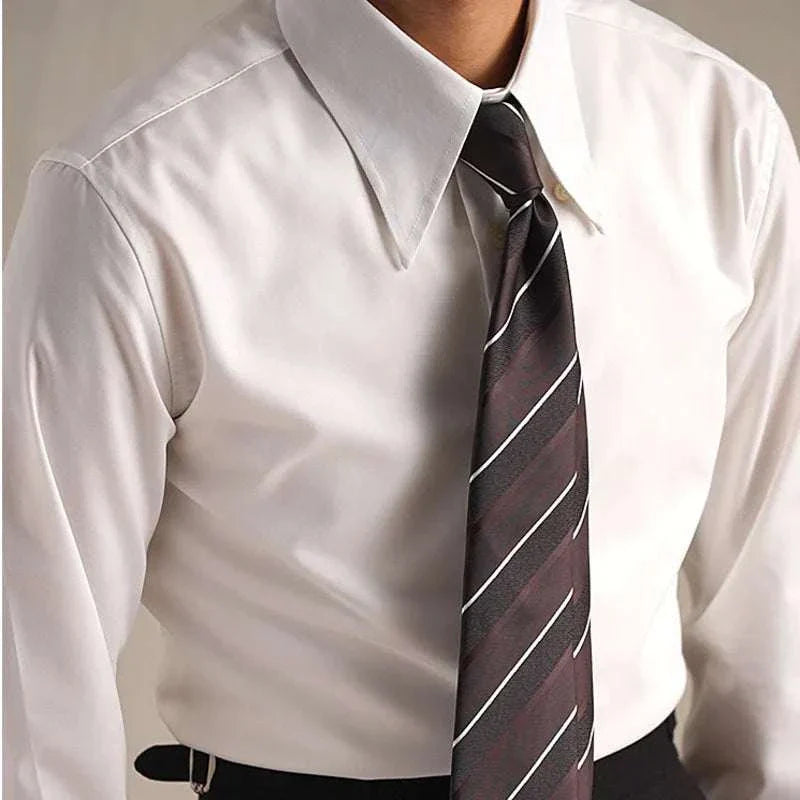Men's party tuxedo long sleeve shirt in white with a striped tie.