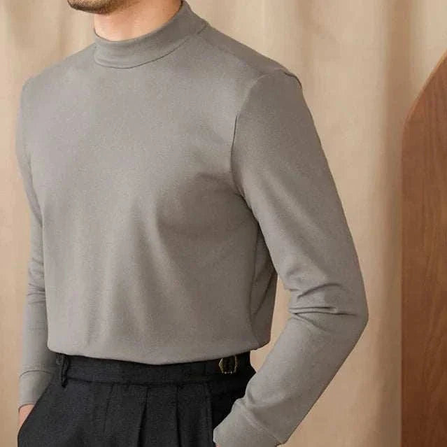 Men's soft half turtleneck sweater in grey, polyester material.