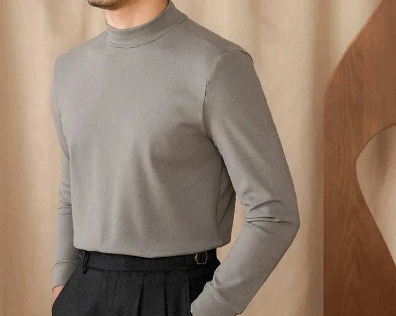 Men's soft half turtleneck sweater in grey, polyester material.