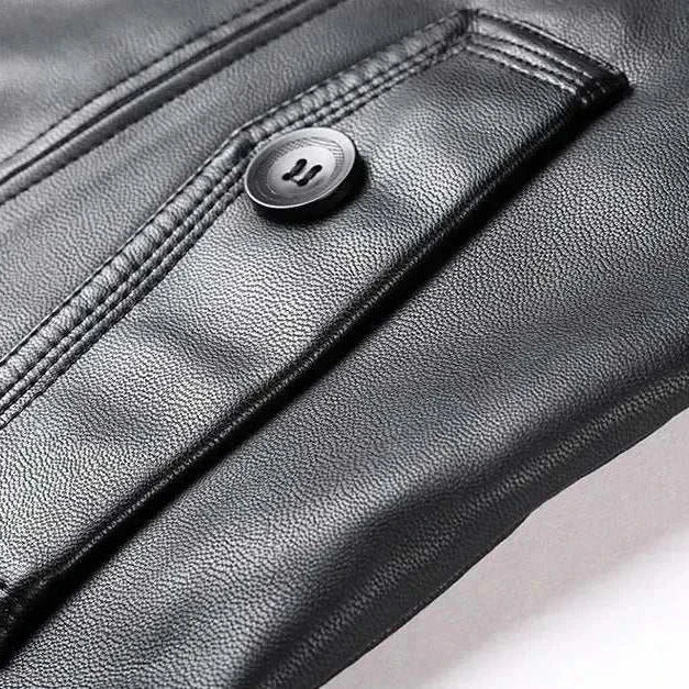 PU leather long coat with button detail, faux leather texture.