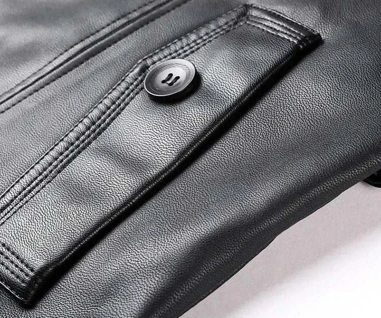 PU leather long coat with button detail, faux leather texture.