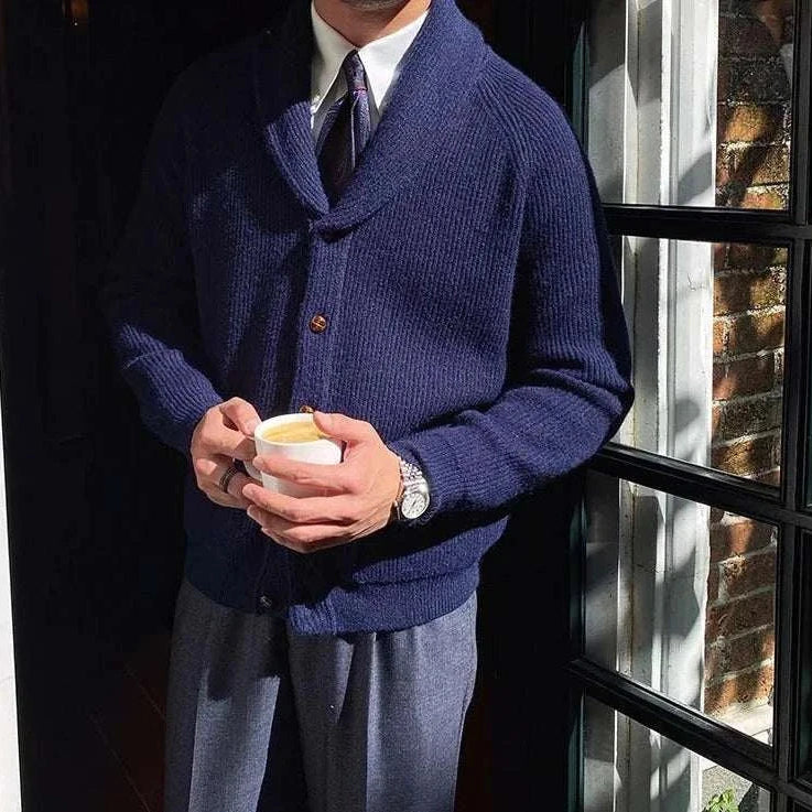 Oxford premium cardigan in navy, stylish and lightweight men's knitwear perfect for chilly nights.