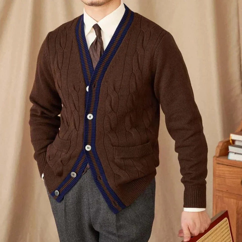 Antonios twisted knit cardigan in brown, Italian vintage style, men's fashion.