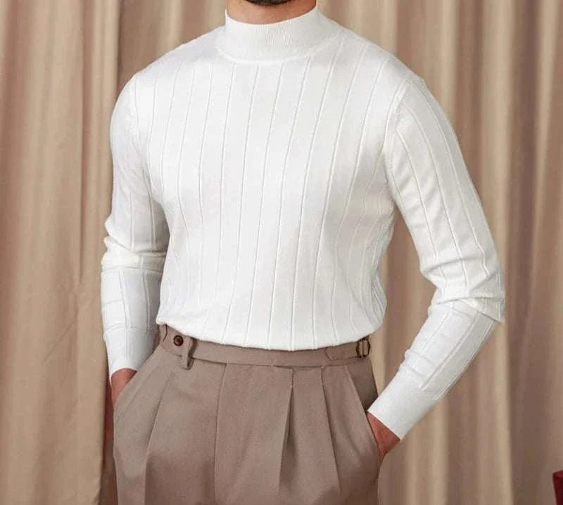 Men's autumn turtleneck premium sweater in white, wool-acrylic blend for a cozy fall look.