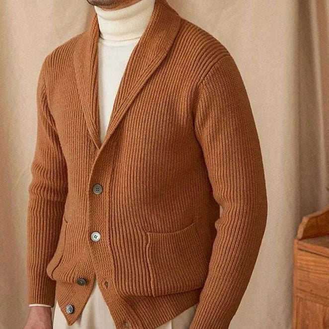 Men's autumn old money cardigan in warm wool, front view.