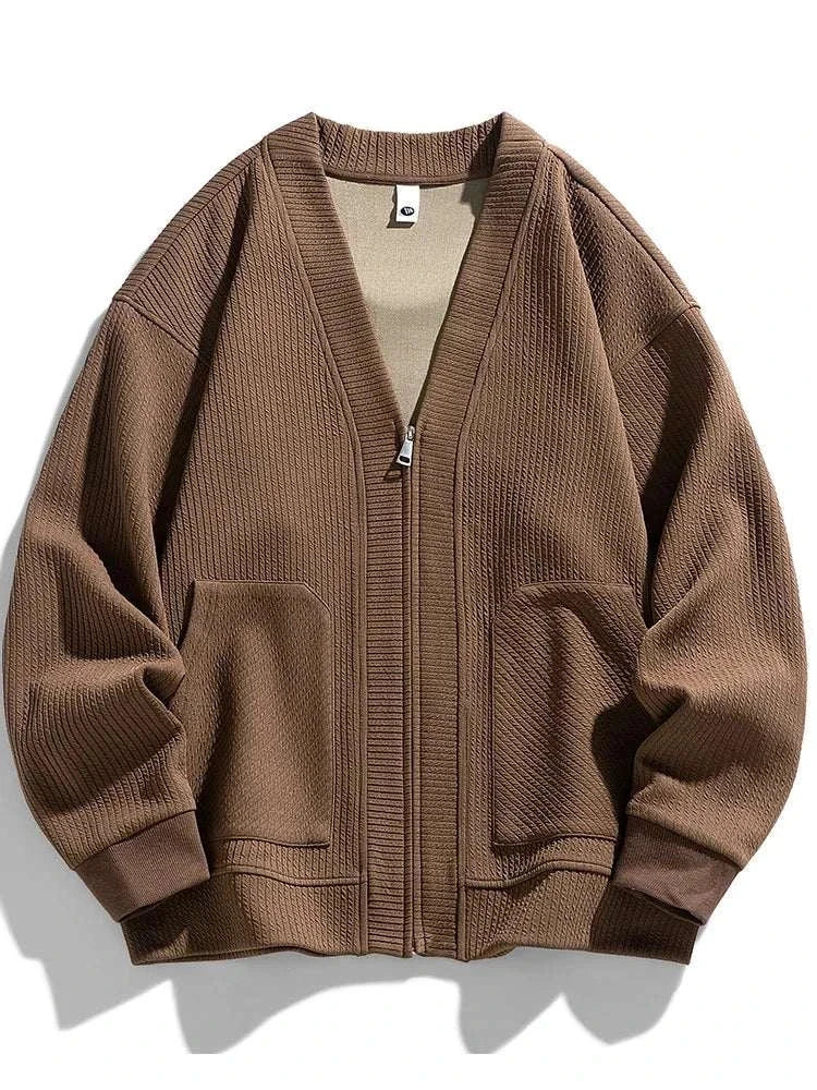 Men's winter cardigan sweater with zipper in brown, made of polyester and spandex blend.