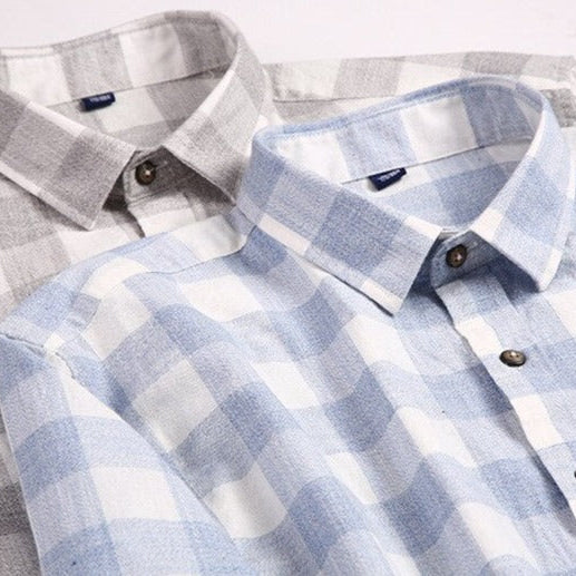 Maurice Plaid Shirt in cotton and linen blend, featuring classic plaid pattern and button-down collar.