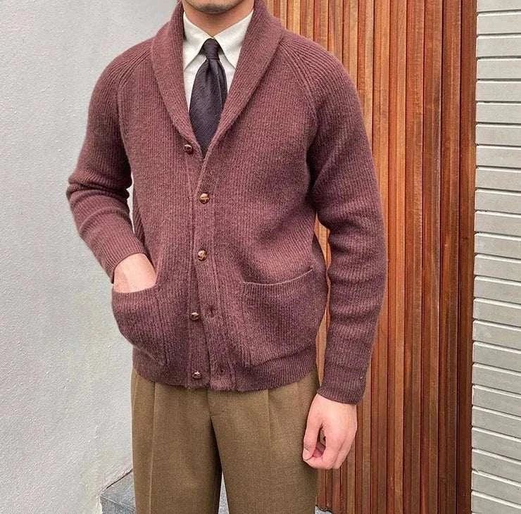 Oxford premium cardigan in brown, worn by a man, showcasing cozy style and elegance.