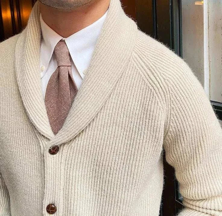 Oxford premium cardigan in cream, featuring a chic knitted design with button closure.