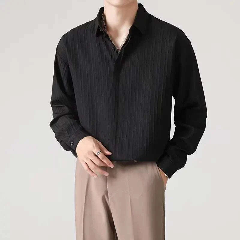 Men's business loose striped shirt, black, elegant casual office style, spring/summer.