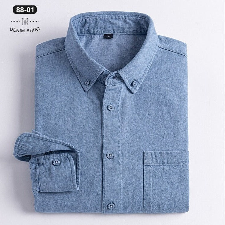 Business Casual Denim Shirt neatly folded with classic collar, soft cotton.