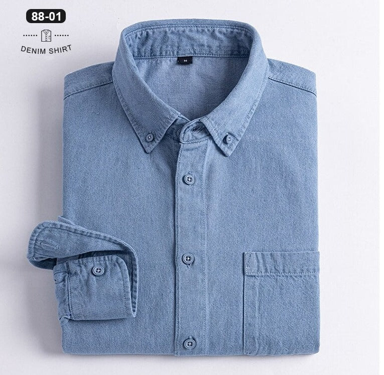 Business Casual Denim Shirt neatly folded with classic collar, soft cotton.