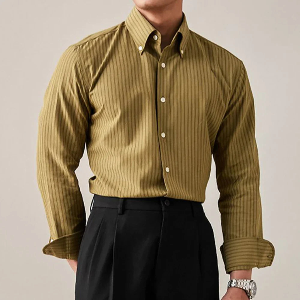 Luxury striped button-up shirt, formal business style, with turn-down collar and full sleeves, suitable for all seasons.
