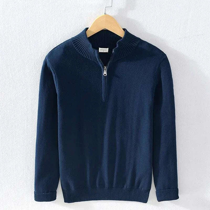Autumn half zipper cotton sweater in navy blue, soft and comfortable material, ideal for men's fall wardrobe.