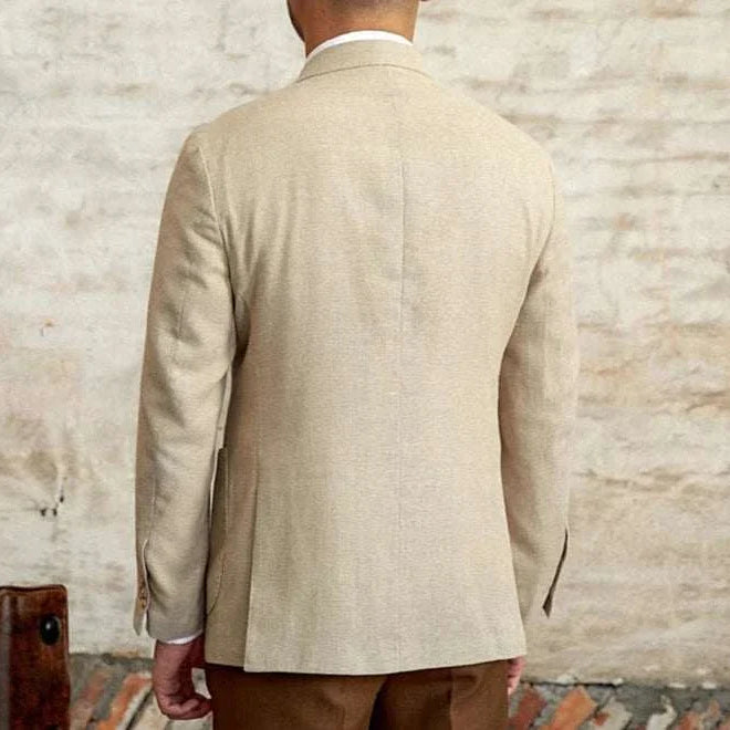 Men's slim fit cotton-linen blend jacket in beige, showcasing elegant and stylish design.