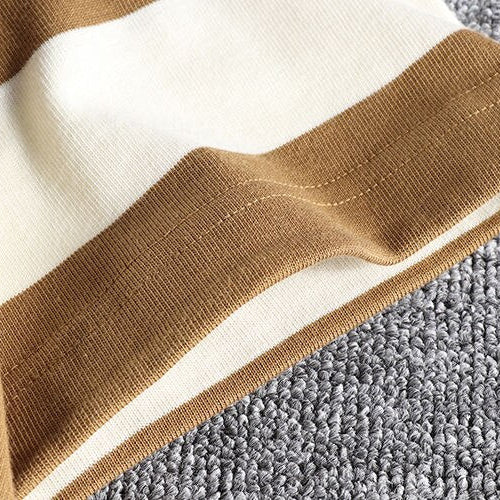Summer Striped T-Shirt with brown and white stripes on fabric detail.