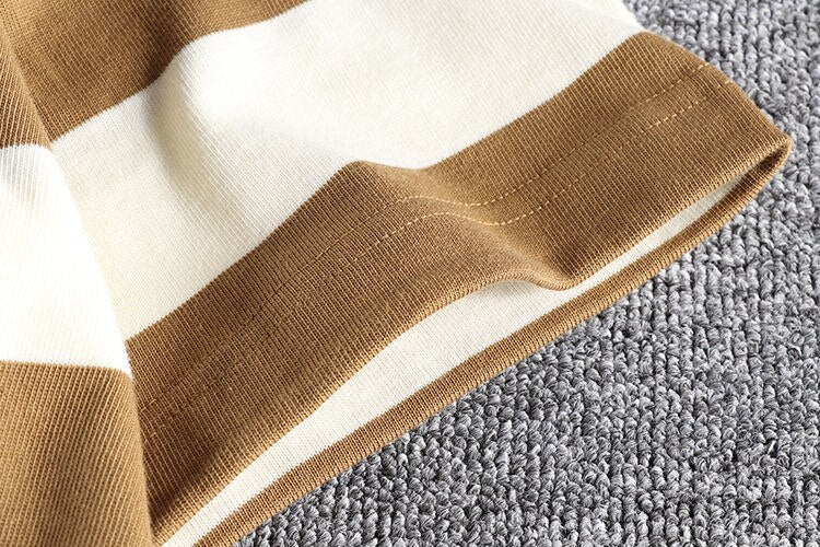 Summer Striped T-Shirt with brown and white stripes on fabric detail.